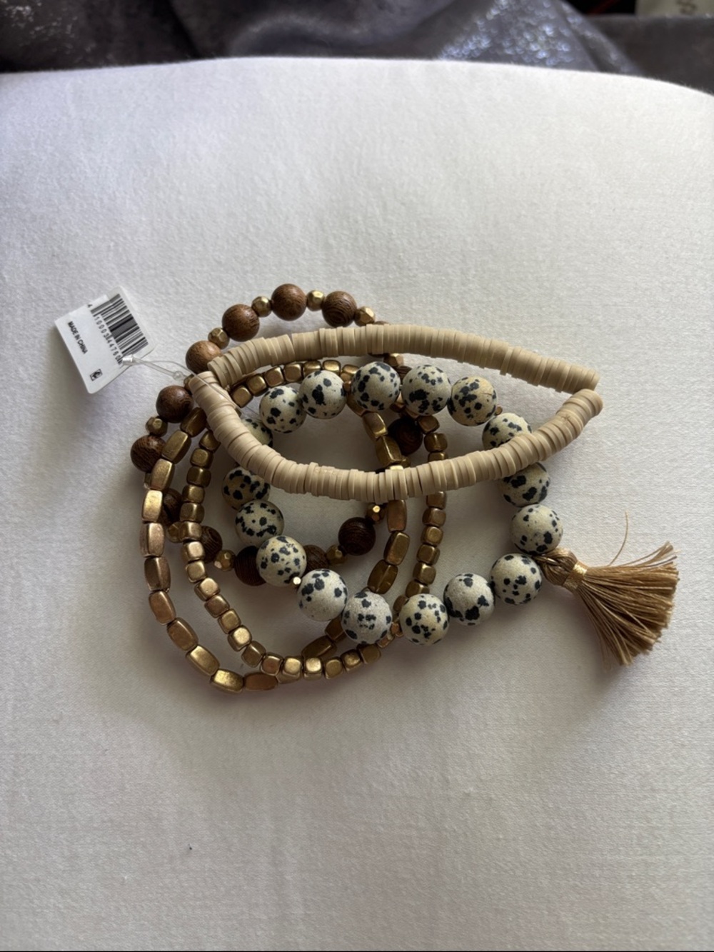 Altar'd State Neutral Taupe and Speckled Bead Bracelet Stack with Tassel